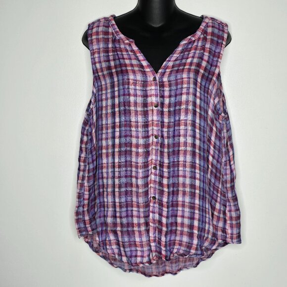 Lucky Brand Tops - Lucky Brand Womens‎ Large Top Shirt Blouse 100% Linen Plaid Sleeveless Purple